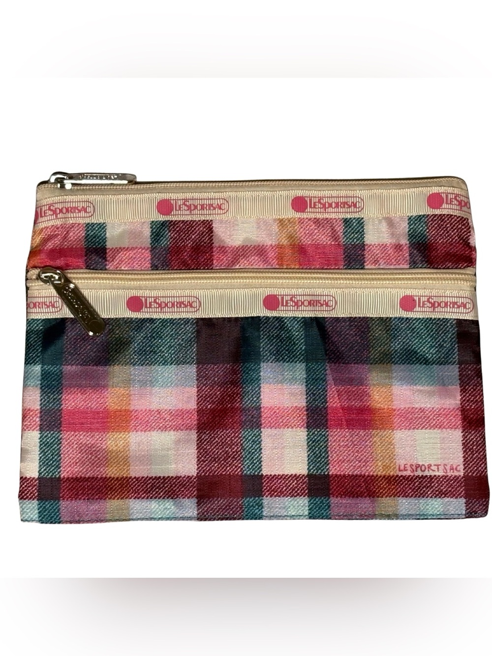 LeSportsac Pink Plaid Double-Zip Cosmetic Pouch with Teal Accents